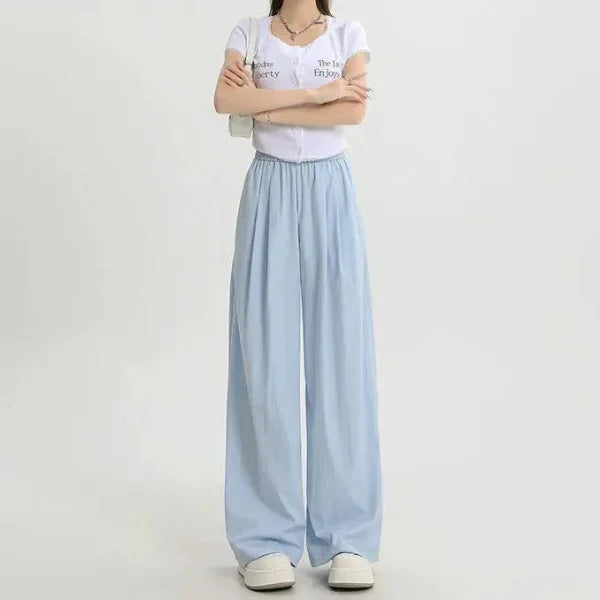 Women’s Ice Silk Pants: High Waist Loose Fit - 002 Light Blue / S
