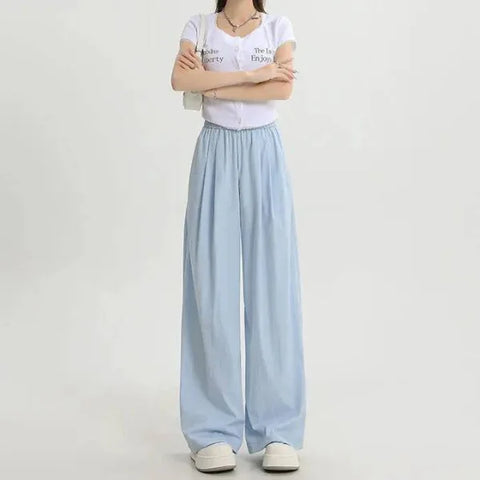 Women’s Ice Silk Pants: High Waist Loose Fit - 002 Light Blue / S