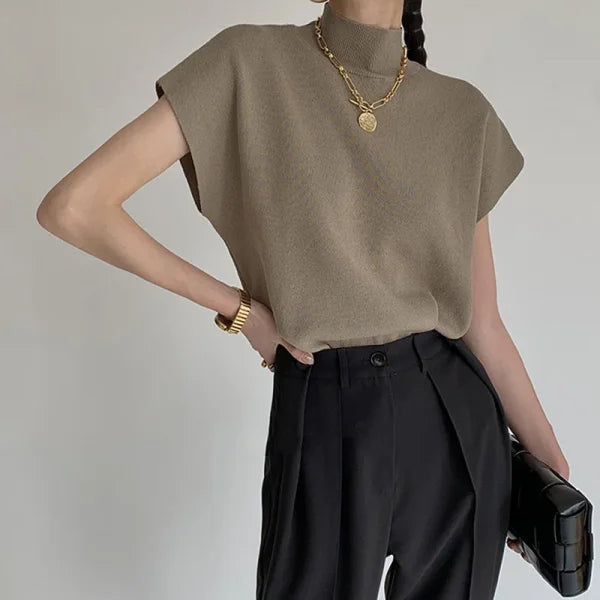 Women’s Knitted Vest Shirt – Stand Collar Elegant Office Sweater Top