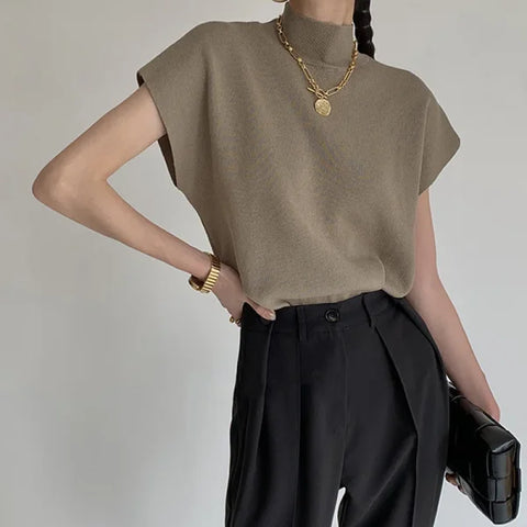 Women’s Knitted Vest Shirt – Stand Collar Elegant Office Sweater Top