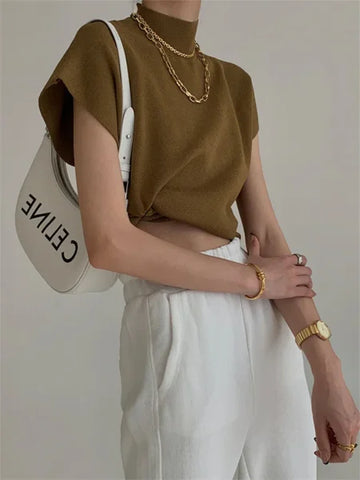 Women’s Knitted Vest Shirt – Stand Collar Elegant Office Sweater Top