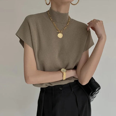 Women’s Knitted Vest Shirt – Stand Collar Elegant Office Sweater Top - khaki / One Size