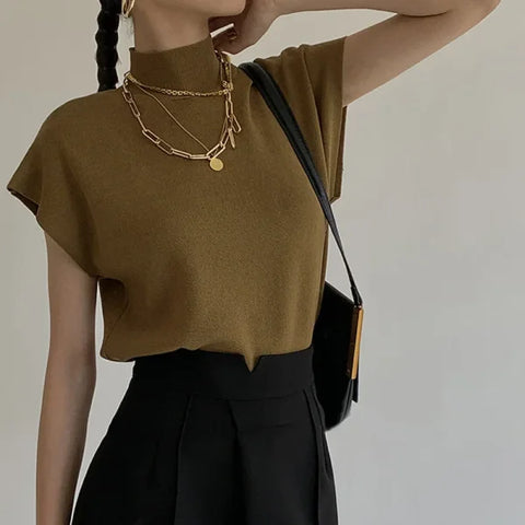 Women’s Knitted Vest Shirt – Stand Collar Elegant Office Sweater Top - coffee / One Size