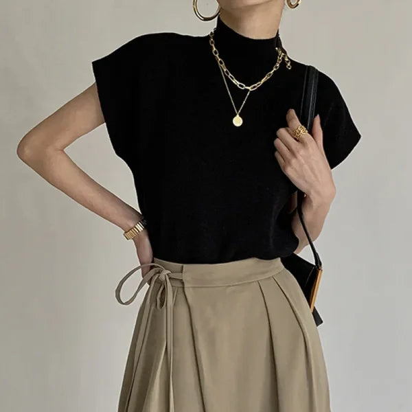 Women’s Knitted Vest Shirt – Stand Collar Elegant Office Sweater Top - black / One Size