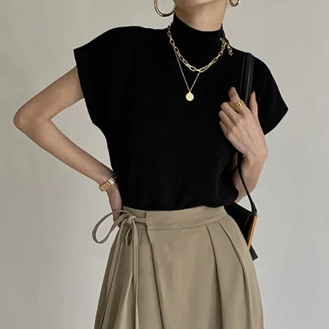 Women’s Knitted Vest Shirt – Stand Collar Elegant Office Sweater Top - black / One Size