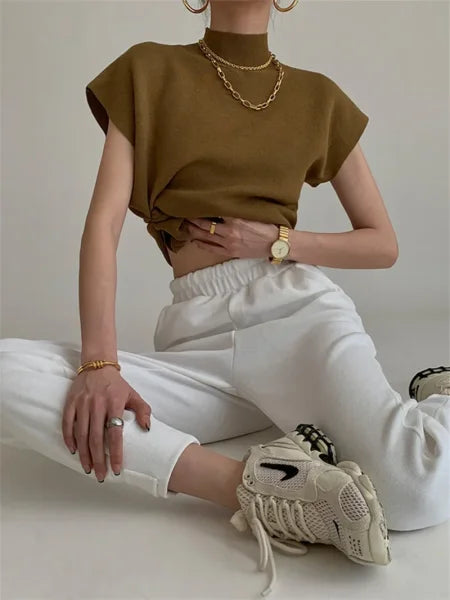 Women’s Knitted Vest Shirt – Stand Collar Elegant Office Sweater Top