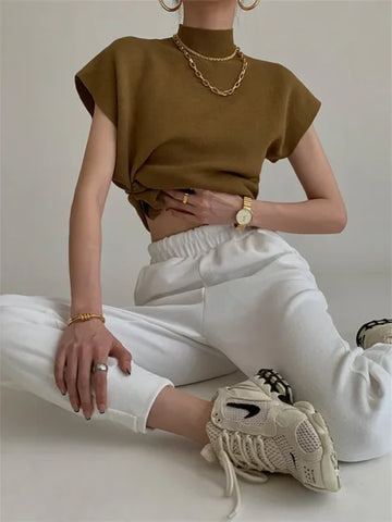 Women’s Knitted Vest Shirt – Stand Collar Elegant Office Sweater Top