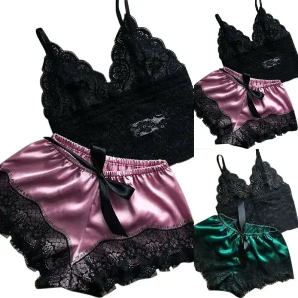 Women’s Lace Sleepwear Set – 2PCS Babydoll Lingerie Top & Shorts Pajama Nightwear