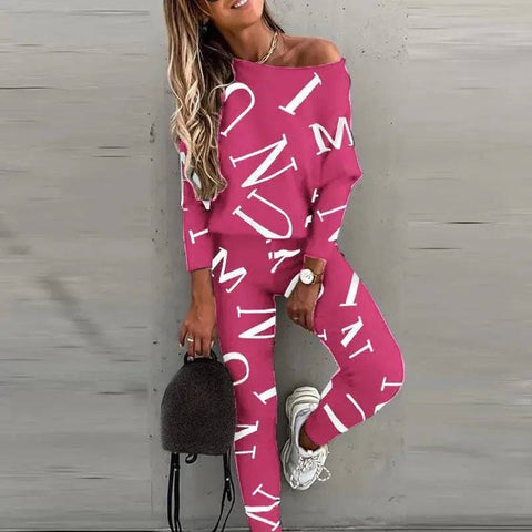 Women’s Letter Printed Casual Suit with Long Sleeved Pants