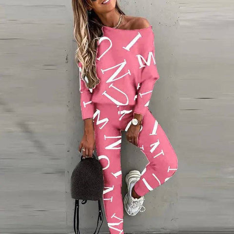 Women’s Letter Printed Casual Suit with Long Sleeved Pants