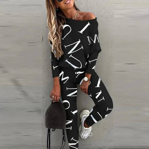 Women’s Letter Printed Casual Suit with Long Sleeved Pants