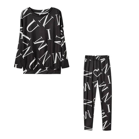 Women’s Letter Printed Casual Suit with Long Sleeved Pants - Black / M