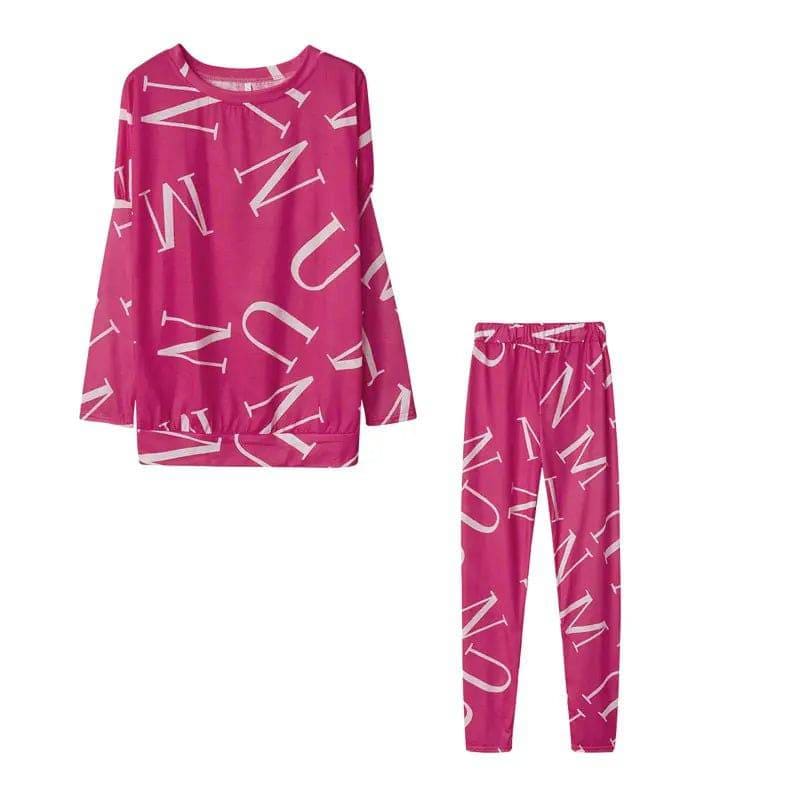 Women’s Letter Printed Casual Suit with Long Sleeved Pants - Fuchsia / M