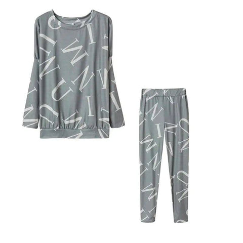 Women’s Letter Printed Casual Suit with Long Sleeved Pants - GRAY / S