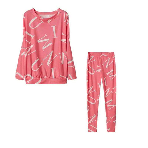 Women’s Letter Printed Casual Suit with Long Sleeved Pants - Pink / XL