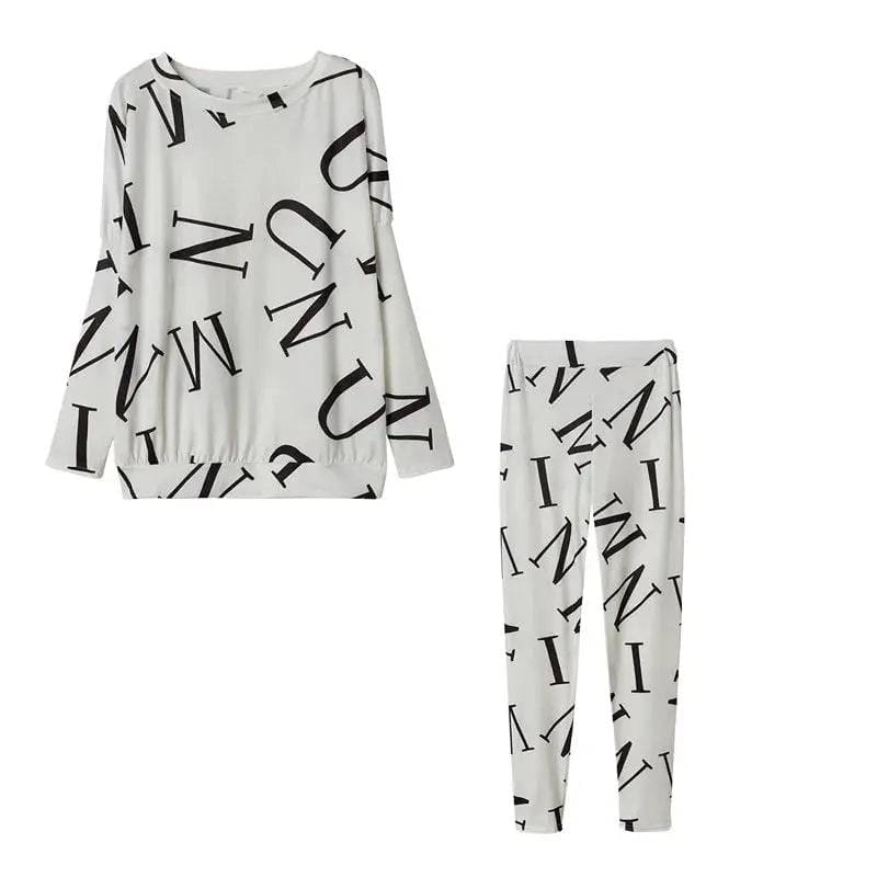 Women’s Letter Printed Casual Suit with Long Sleeved Pants - WHITE / S