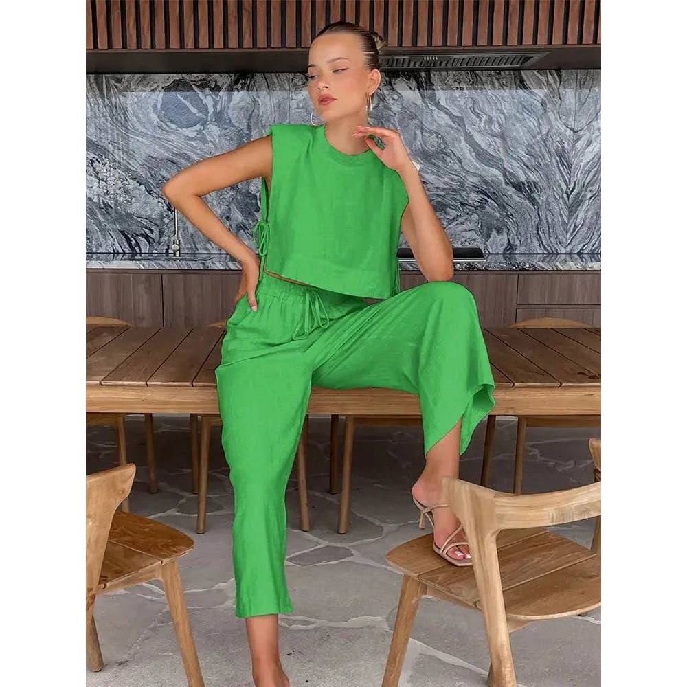 Women’s Linen Pant Set - Chic Holiday Outfit for Effortless Style - Green / M