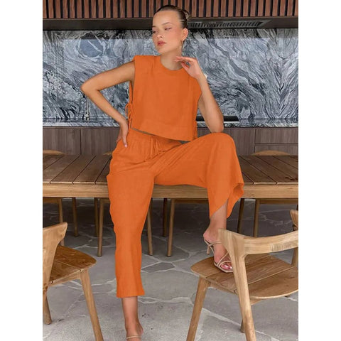 Women’s Linen Pant Set - Chic Holiday Outfit for Effortless Style - Orange / L