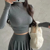 Womens Long Sleeve Turtleneck T Shirts Ribbed Tight Knit Sexy Slim Fitted Casual Women’s Basic Crop Tops Cropped T-Shirt