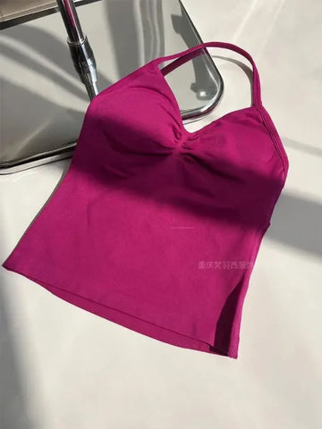 Women's Longline Strappy Sports Tank Top – Open Back Yoga Vest with Built-In Bra for Gym & Running Workouts - Himpall