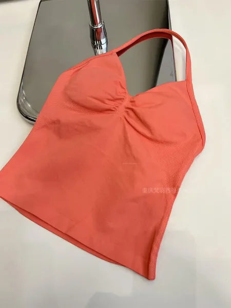 Women's Longline Strappy Sports Tank Top – Open Back Yoga Vest with Built-In Bra for Gym & Running Workouts - Himpall