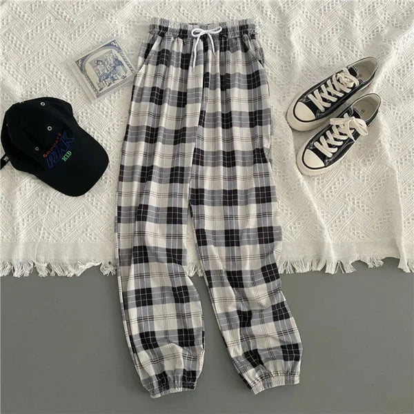 Women’s Loose Black Plaid Harem Pants – Fashionable Streetwear Summer Trousers - Gray / XXL