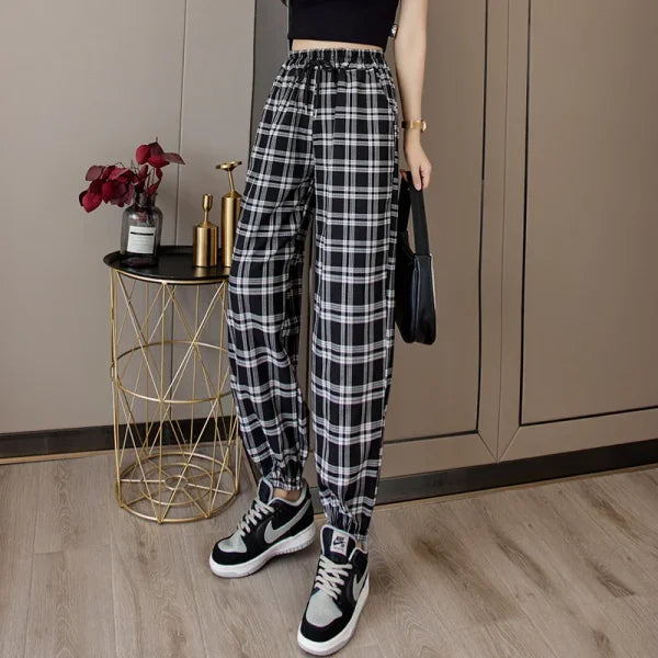 Women’s Loose Black Plaid Harem Pants – Fashionable Streetwear Summer Trousers