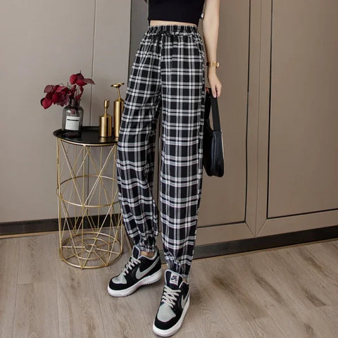Women’s Loose Black Plaid Harem Pants – Fashionable Streetwear Summer Trousers