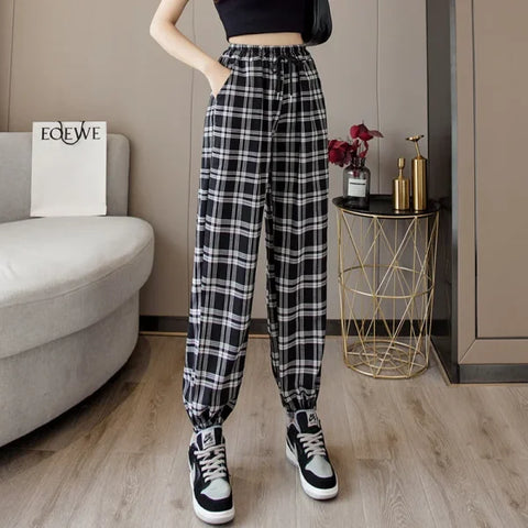 Women’s Loose Black Plaid Harem Pants – Fashionable Streetwear Summer Trousers