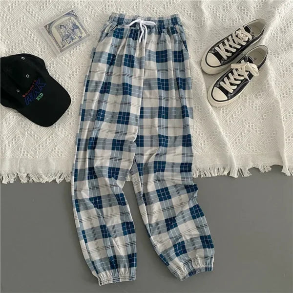 Women’s Loose Black Plaid Harem Pants – Fashionable Streetwear Summer Trousers - Blue / XXL