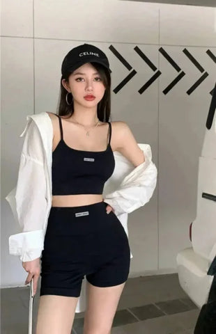 Women’s Nylon Tank Top and Shorts Set: Casual Sports Top with Sponge Cushion