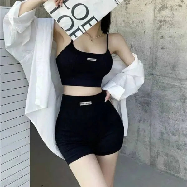 Women’s Nylon Tank Top and Shorts Set: Casual Sports Top with Sponge Cushion