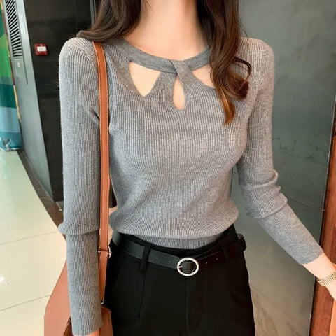 Women’s O-Neck Hollow Out Pullover Sweater - Slim Fit Autumn Winter Jumper - GRAY / One Size