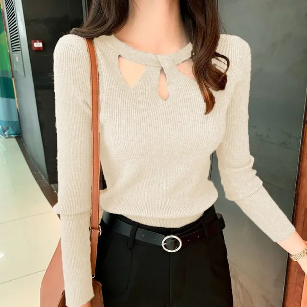 Women’s O-Neck Hollow Out Pullover Sweater - Slim Fit Autumn Winter Jumper - APRICOT / One Size