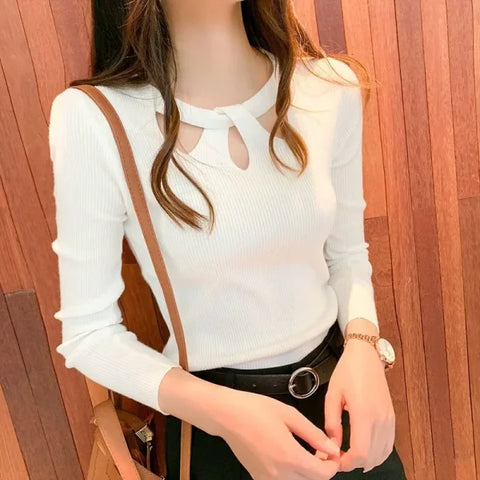 Women’s O-Neck Hollow Out Pullover Sweater - Slim Fit Autumn Winter Jumper - WHITE / One Size