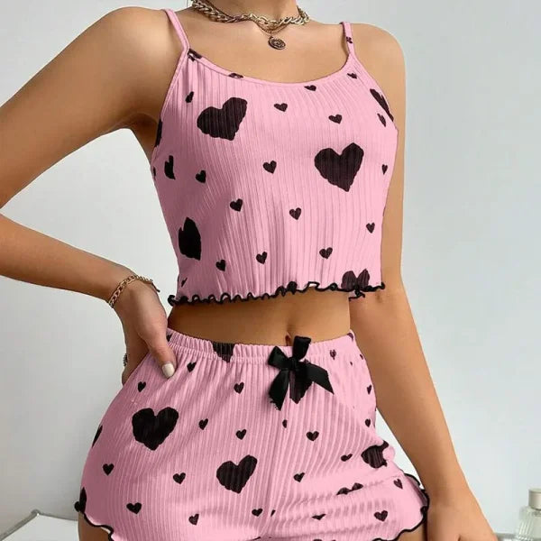Women’s Pajama Set – 2PCS Soft Sleepwear Tank Top & Shorts with Love Print (S–L) - pink / S