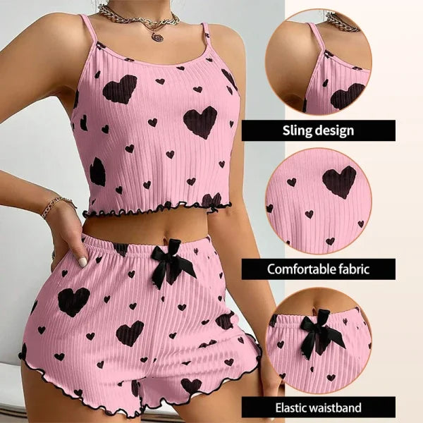 Women’s Pajama Set – 2PCS Soft Sleepwear Tank Top & Shorts with Love Print (S–L)