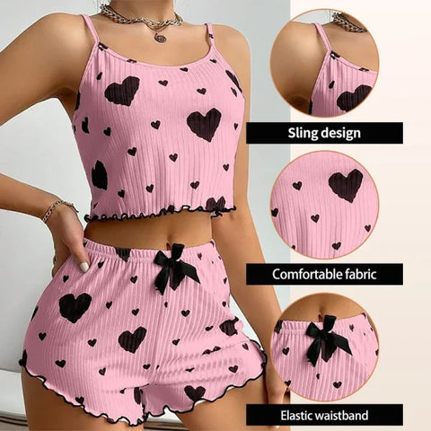 Women’s Pajama Set – 2PCS Soft Sleepwear Tank Top & Shorts with Love Print (S–L)