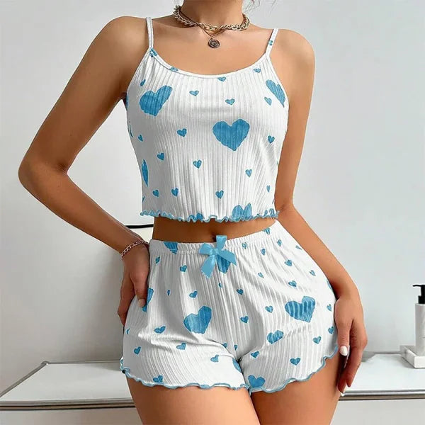 Women’s Pajama Set – 2PCS Soft Sleepwear Tank Top & Shorts with Love Print (S–L) - blue / XL