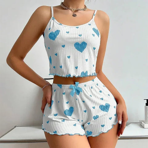 Women’s Pajama Set – 2PCS Soft Sleepwear Tank Top & Shorts with Love Print (S–L) - blue / XL
