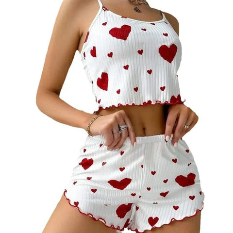 Women’s Pajama Set – 2PCS Soft Sleepwear Tank Top & Shorts with Love Print (S–L) - red / XL