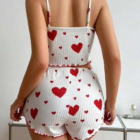Women’s Pajama Set – 2PCS Soft Sleepwear Tank Top & Shorts with Love Print (S–L)
