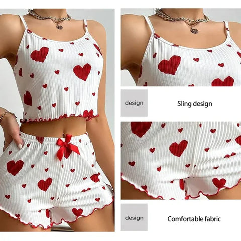 Women’s Pajama Set – 2PCS Soft Sleepwear Tank Top & Shorts with Love Print (S–L)