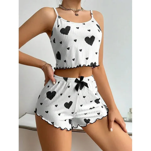 Women’s Pajama Set – 2PCS Soft Sleepwear Tank Top & Shorts with Love Print (S–L) - black / XL