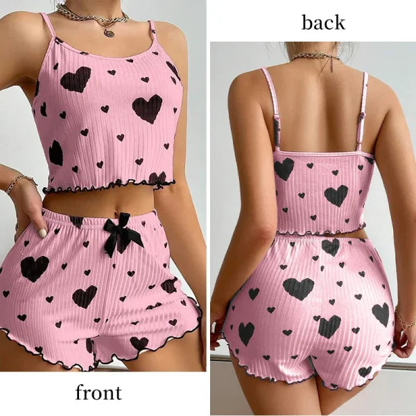 Women’s Pajama Set – 2PCS Soft Sleepwear Tank Top & Shorts with Love Print (S–L)