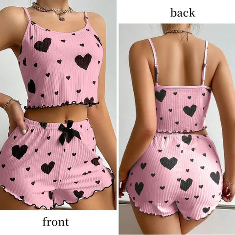Women’s Pajama Set – 2PCS Soft Sleepwear Tank Top & Shorts with Love Print (S–L)