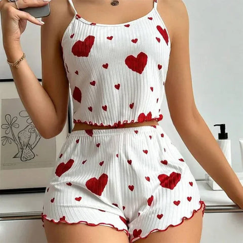Women’s Pajama Set – 2PCS Soft Sleepwear Tank Top & Shorts with Love Print (S–L)