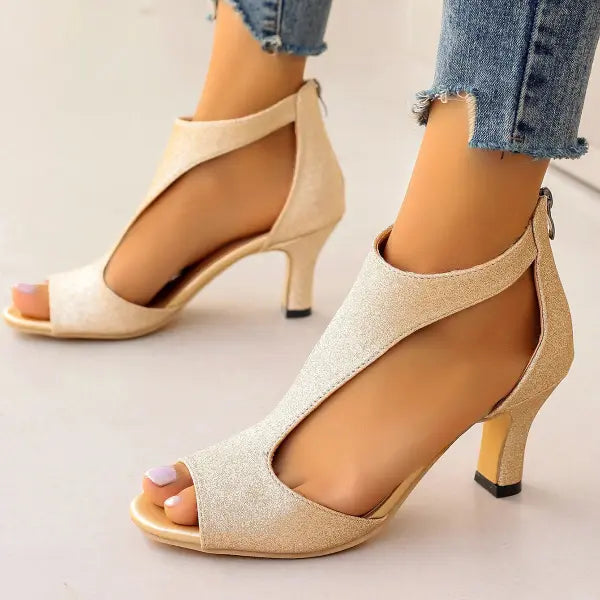 Women’s Peep Toe Sandals Synthetic Material – Dressy Summer Heels - Gold / 35 - None