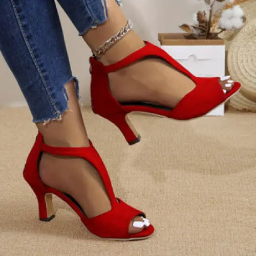 Women’s Peep Toe Sandals Synthetic Material – Dressy Summer Heels - Red / 35 - None