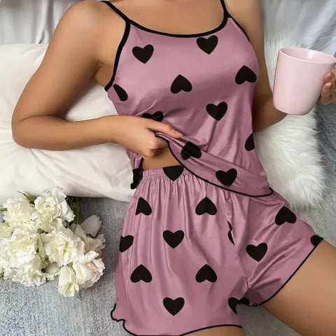Women’s Pink Heart Pajama Set – Ice Silk Summer T-Shirt & Shorts Sleepwear - Purple / L